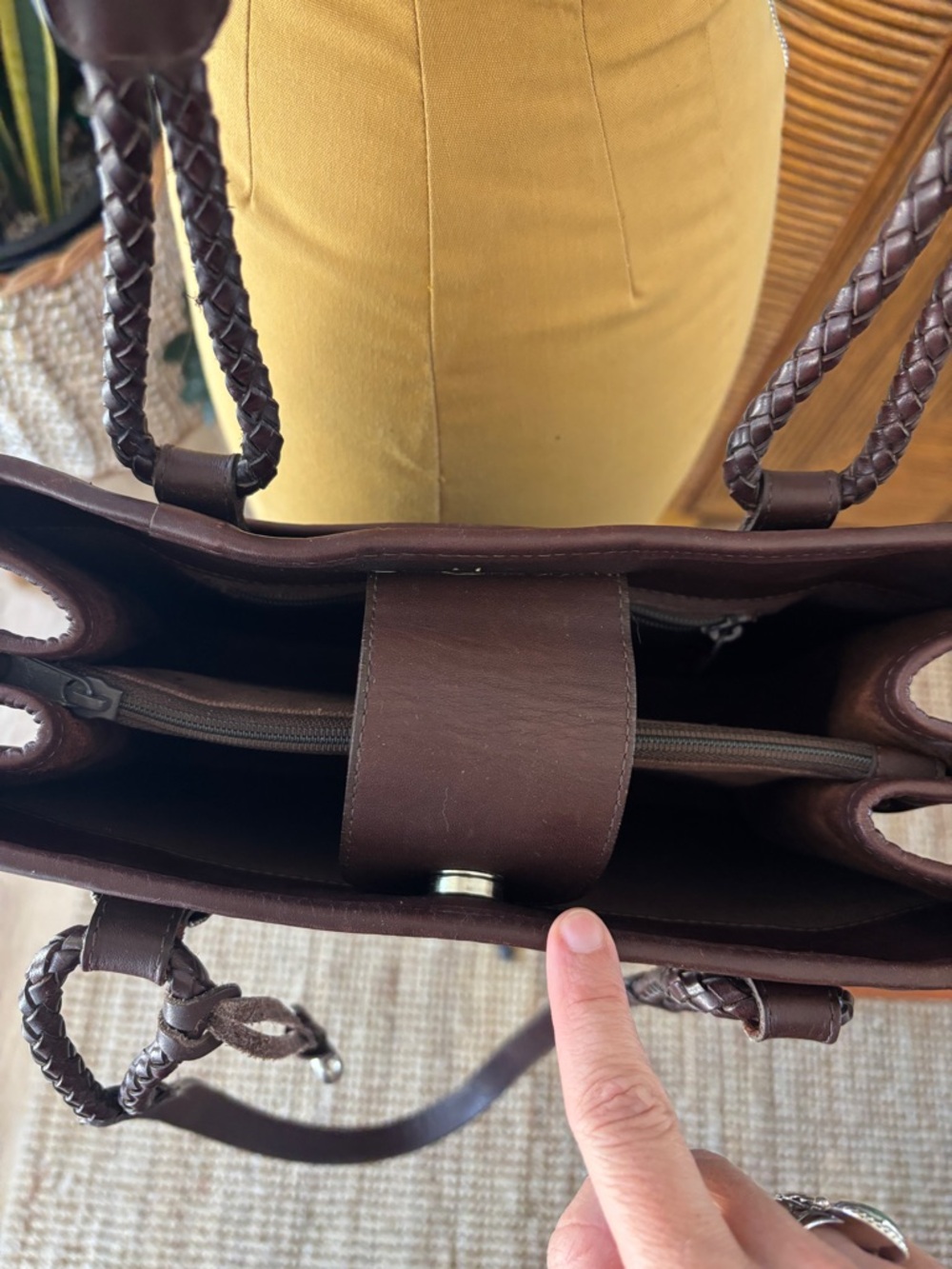 Dark Brown Brighton Woven Leather Tote Bag with Braided Handles & Heart Charm - Picture 9 of 15
